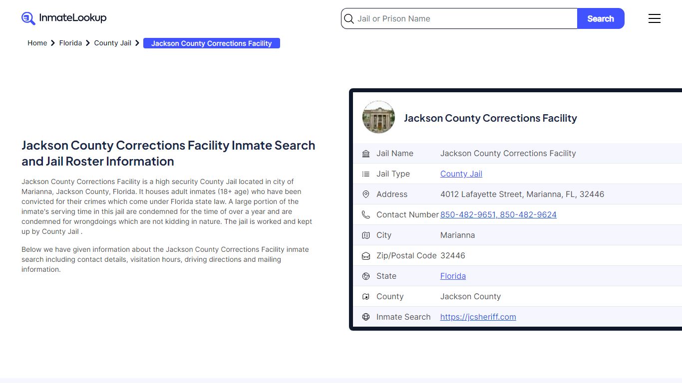 Jackson County Corrections Facility Inmate Search - Marianna Florida ...